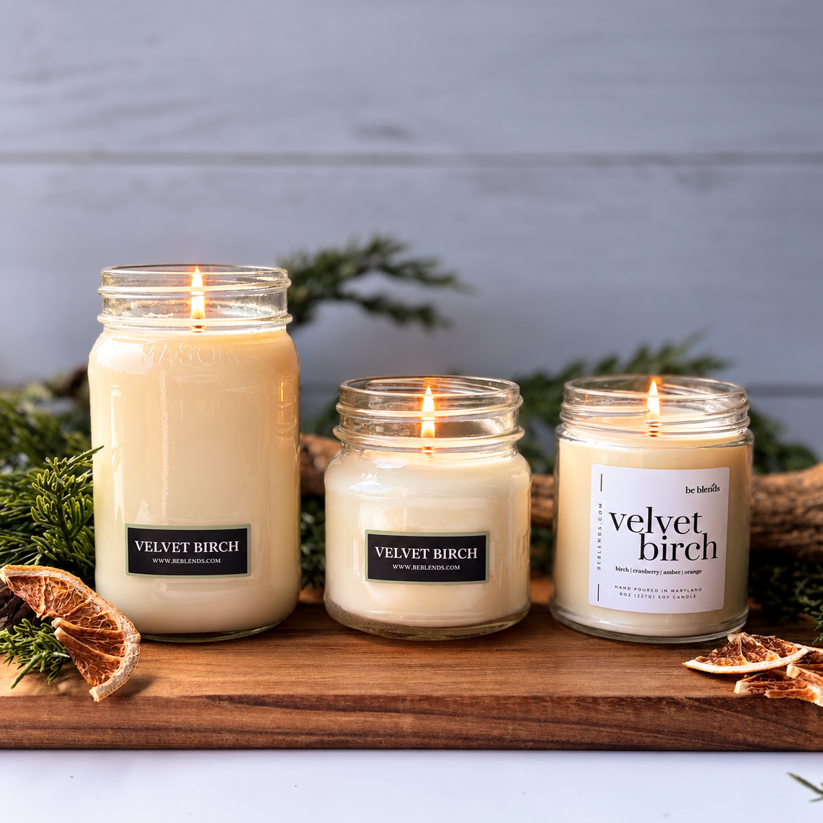 Velvet Birch soy candle by Be Blends with elegant mistletoe, cranberry, cypress, and orange fragrance notes.