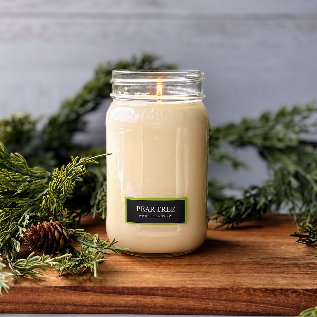 Pear Tree soy candle by Be Blends, scented with Bartlett pear, sugar plum, and vanilla.
