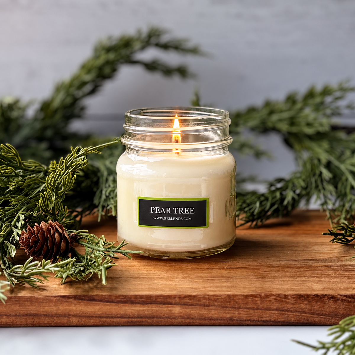 Pear Tree soy candle by Be Blends, scented with Bartlett pear, sugar plum, and vanilla.