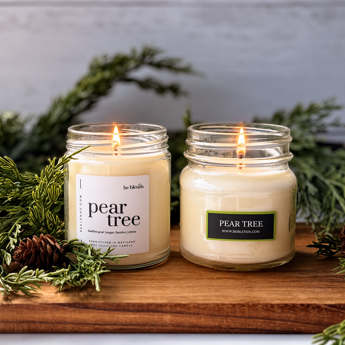 Pear Tree soy candle by Be Blends, scented with Bartlett pear, sugar plum, and vanilla.