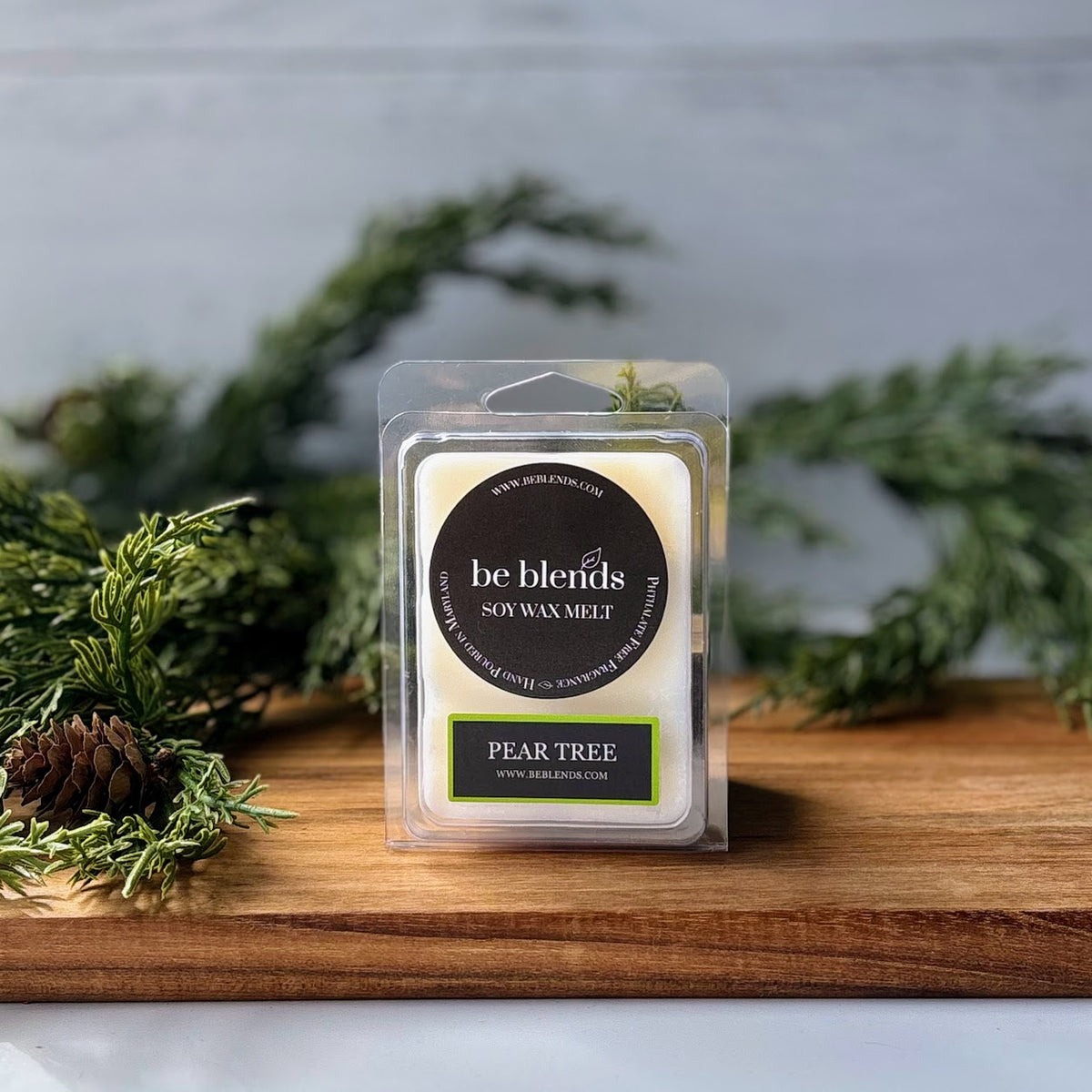 Pear Tree soy candle by Be Blends, scented with Bartlett pear, sugar plum, and vanilla.