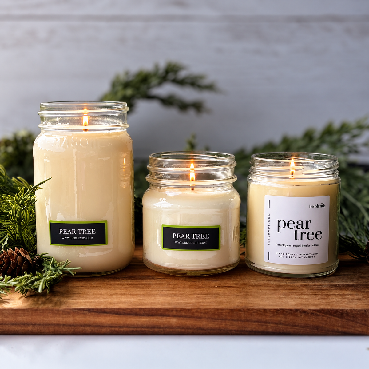 Pear Tree soy candle by Be Blends, scented with Bartlett pear, sugar plum, and vanilla.