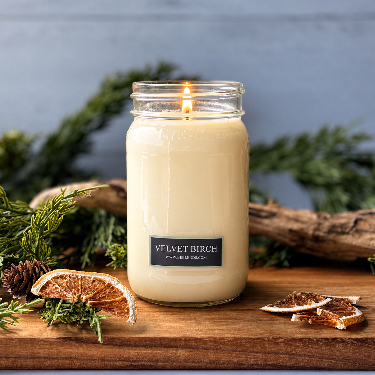 Velvet Birch soy candle by Be Blends with elegant mistletoe, cranberry, cypress, and orange fragrance notes.