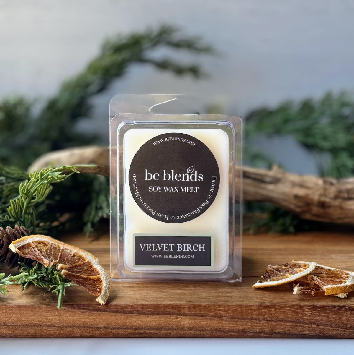Velvet Birch soy candle by Be Blends with elegant mistletoe, cranberry, cypress, and orange fragrance notes.